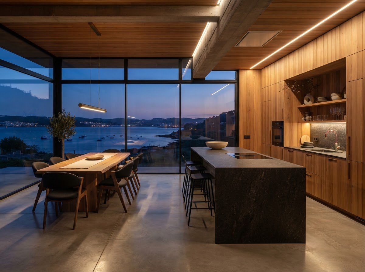 Cocina contemporánea en bloque de granito silvestre y roble con vistas a la ría de Pontevedra